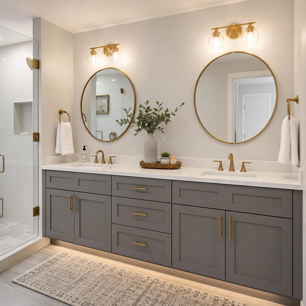 Remodeled bathroom with double vanity, round mirrors, and brass hardware