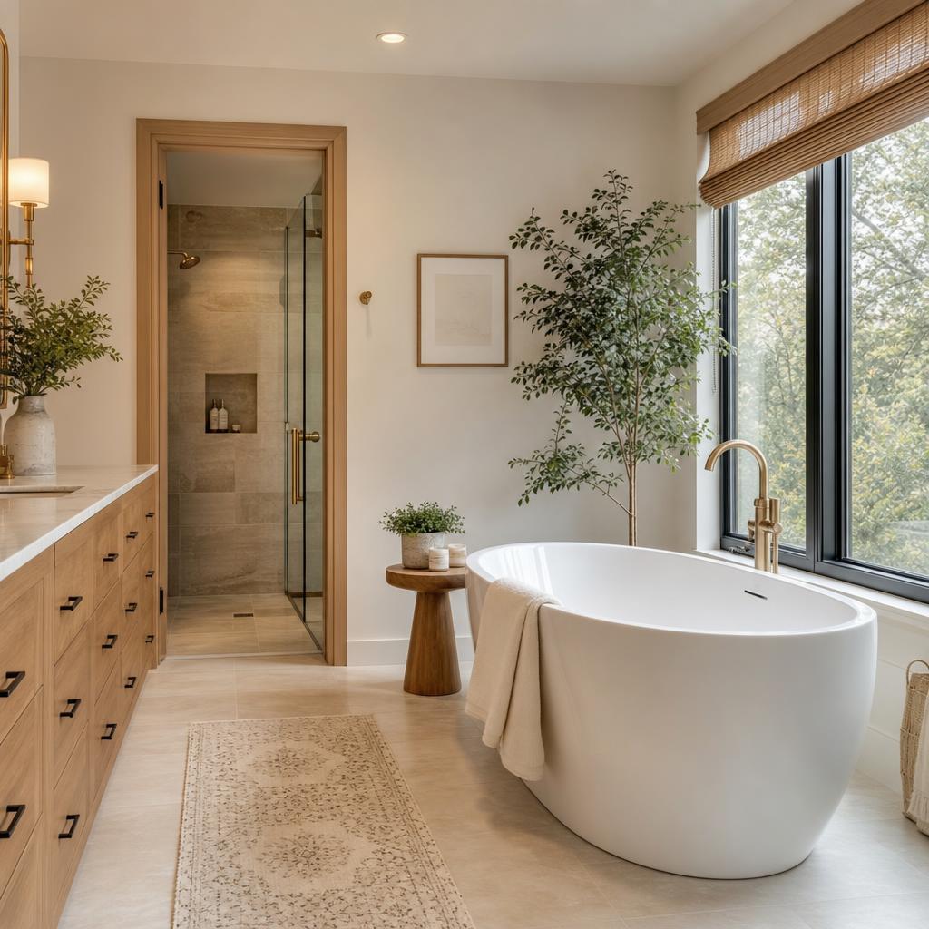 Remodeled bathroom with freestanding tub, light wood accents, and natural light