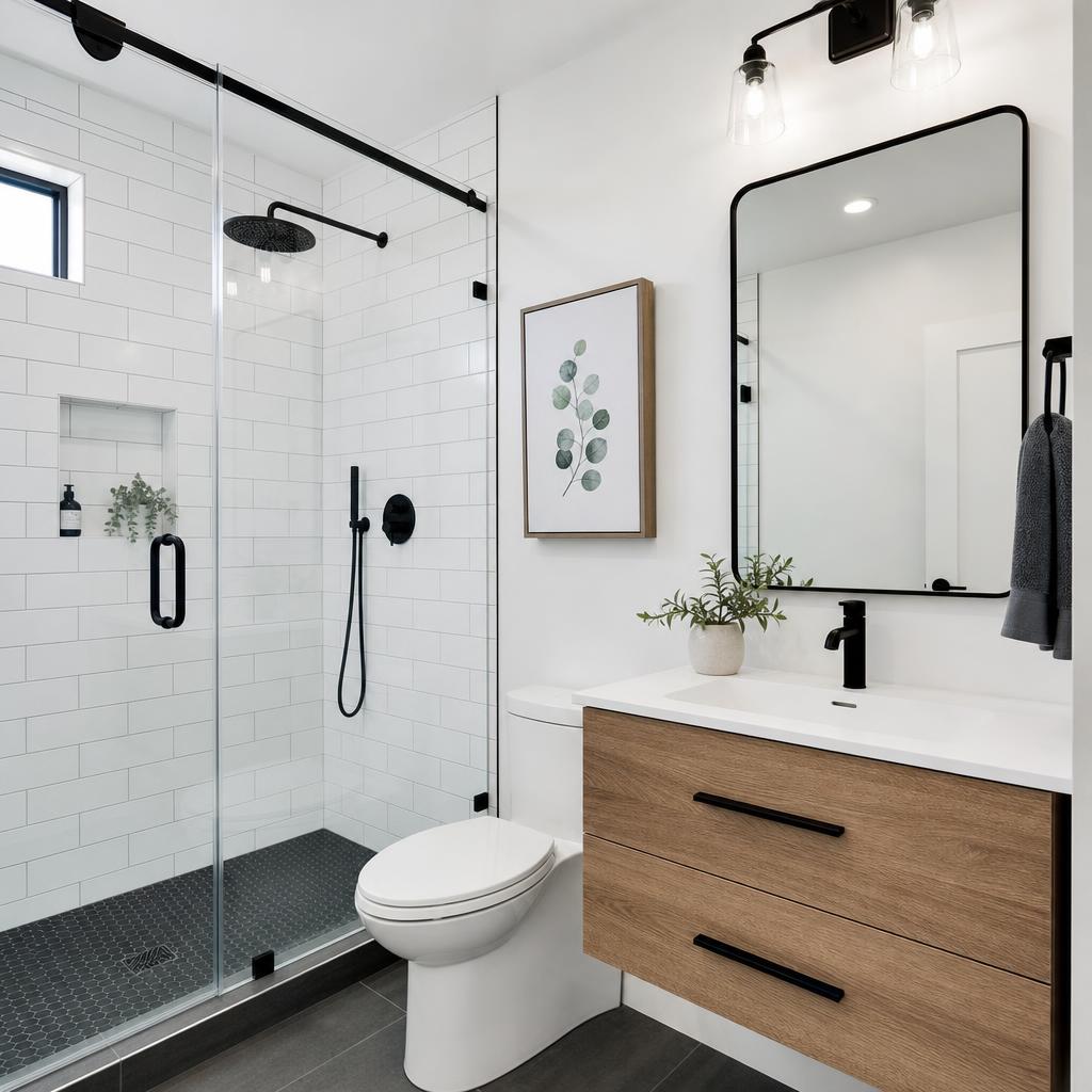 Remodeled minimalist bathroom with white subway tile, black fixtures, and glass shower
